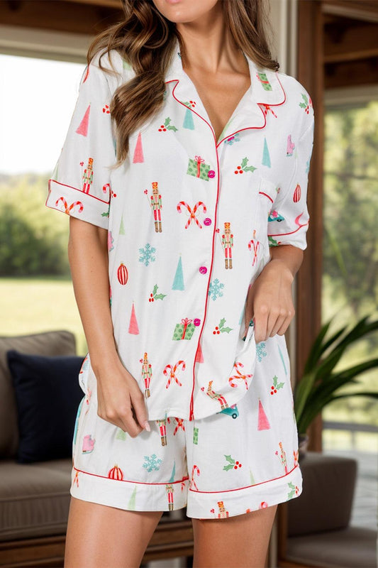 Printed Short Sleeve Top and Shorts Lounge Set - CM