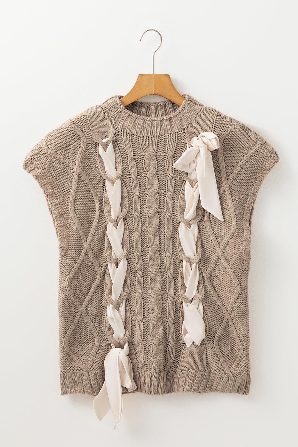 Simply Taupe Satin Bowknot Cable Knit Top