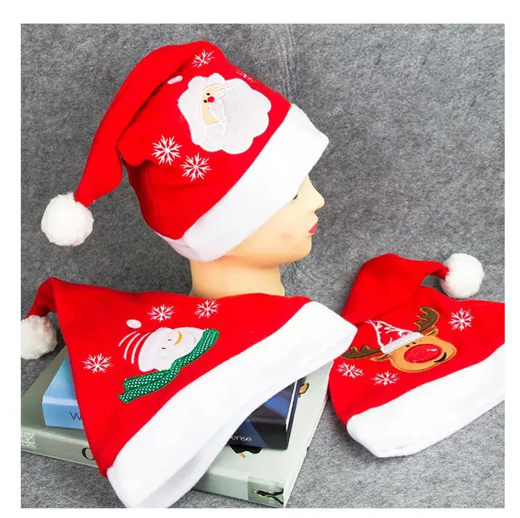 Festive Red Santa Claus Hat with Elk Embroidered Party Design