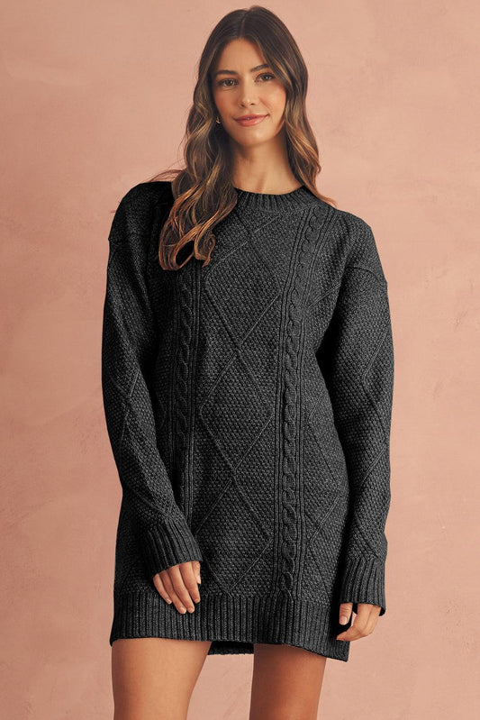 Black Twist Cable Knit Drop Shoulder Loose Fit Sweater Dress - CM