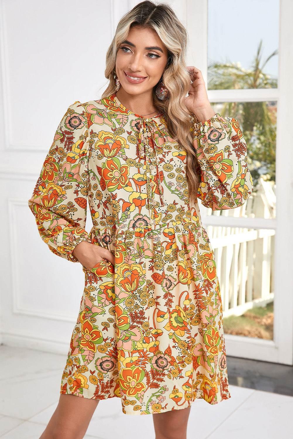 Yellow Cream Floral Print Tie V Neck Long Sleeve Mini Dress