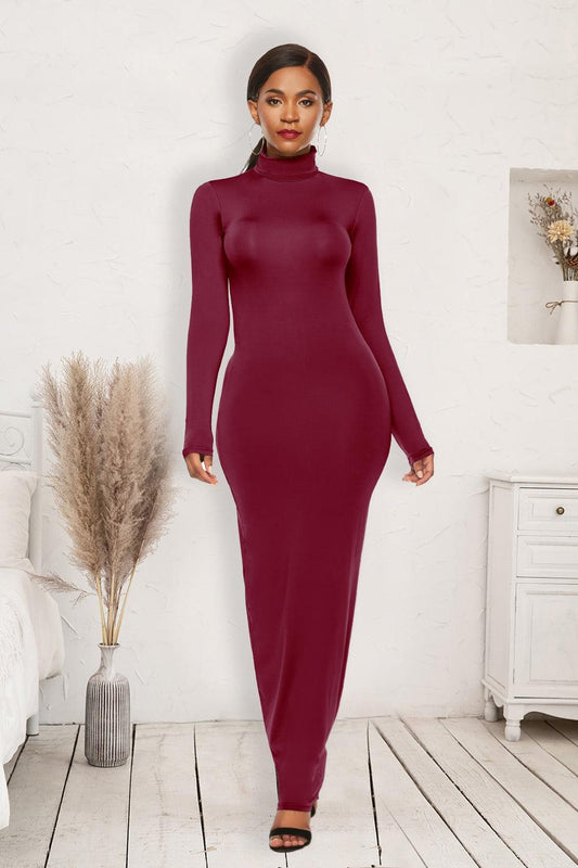 Mock Neck Long Sleeve Maxi Slim Dress - CM