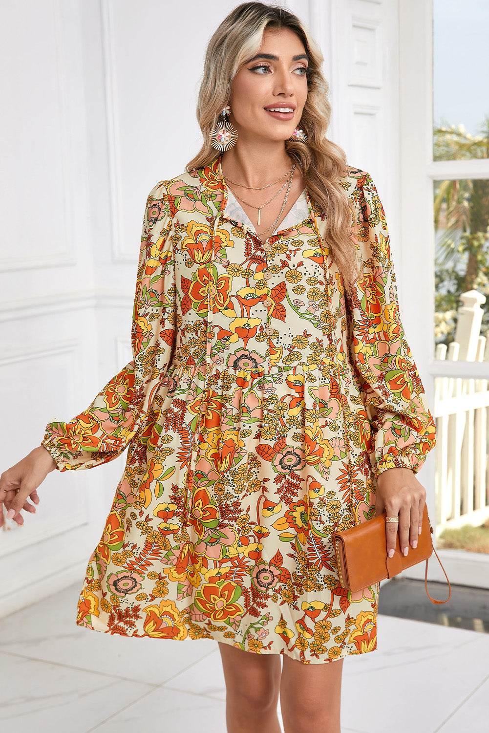 Yellow Cream Floral Print Tie V Neck Long Sleeve Mini Dress