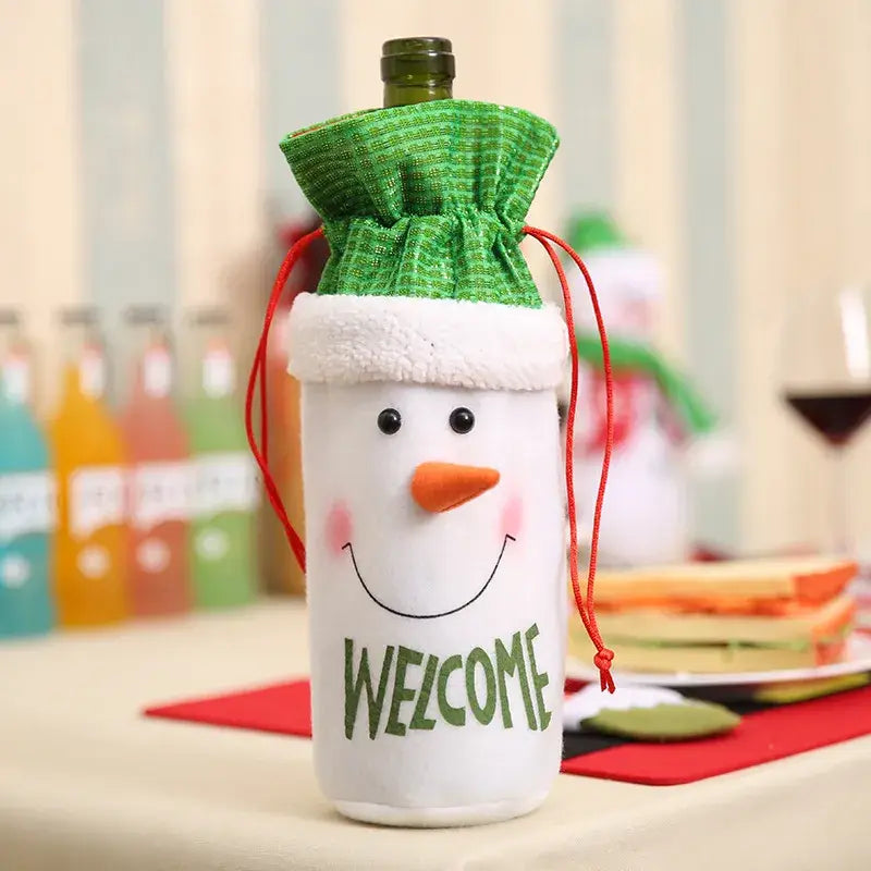 Festive Wine Bottle Covers Featuring Deer and Snowman Designs