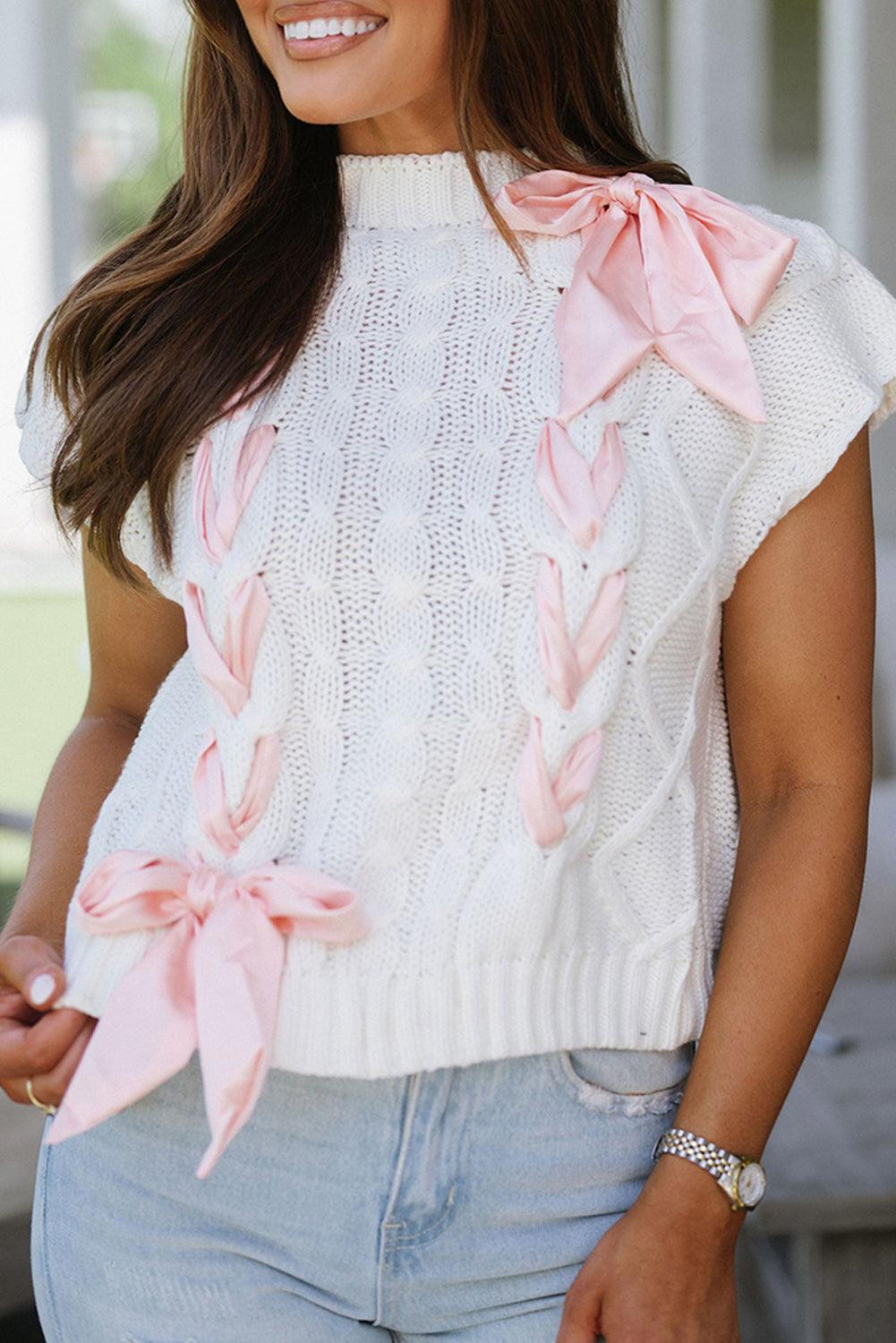 Simply Taupe Satin Bowknot Cable Knit Top