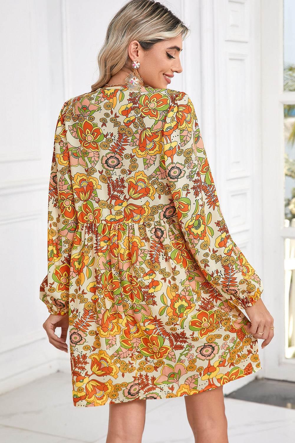 Yellow Cream Floral Print Tie V Neck Long Sleeve Mini Dress