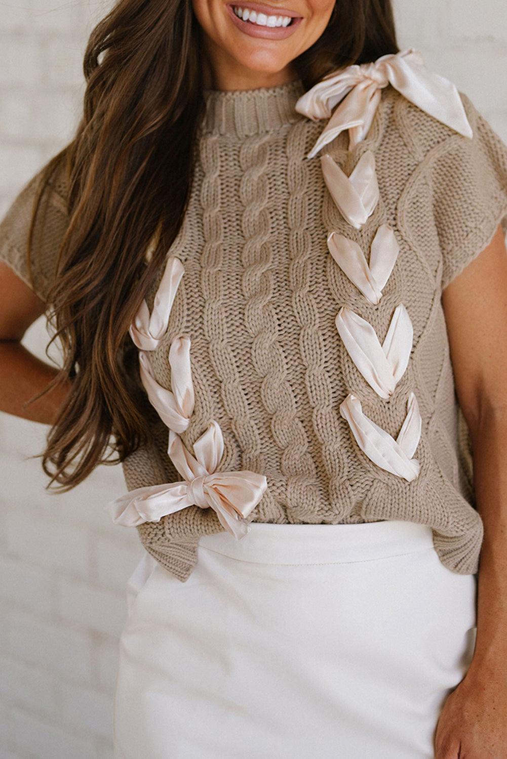 Simply Taupe Satin Bowknot Cable Knit Top