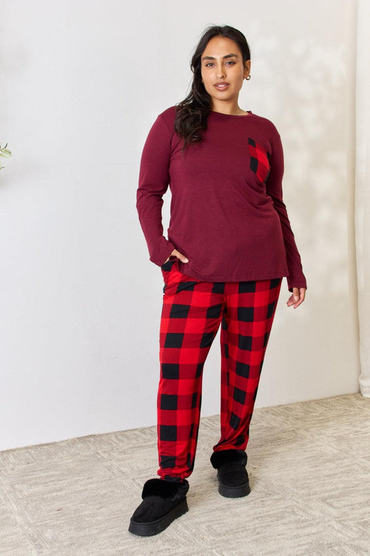 Zenana Full Size Plaid Round Neck Top and Pants Pajama Set - CM