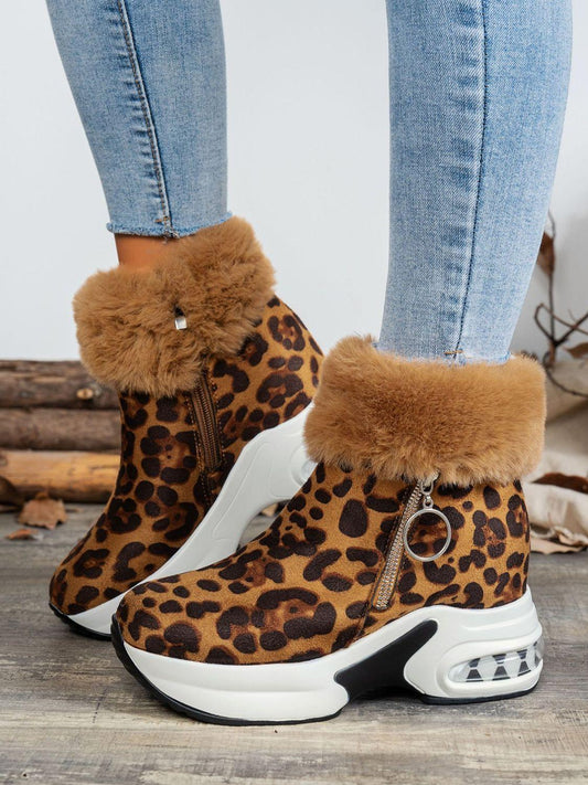 Side Zipper Leopard Platform Boots - CM