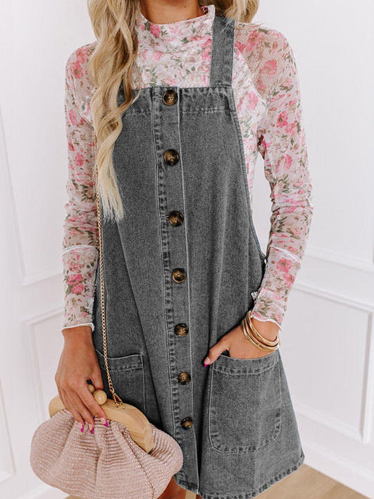 Wide Strap Button Down Denim Overall Dress - CM