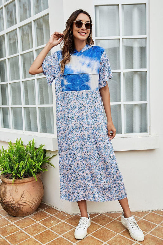 Tie-Dye Floral Flutter Sleeve Hooded Dress - CM