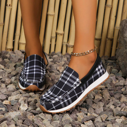 Plaid Round Toe Slip-Ons - CM