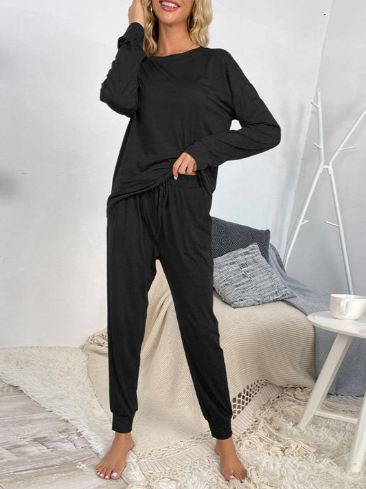 Shiny Round Neck Top and Drawstring Pants Lounge Set - CM