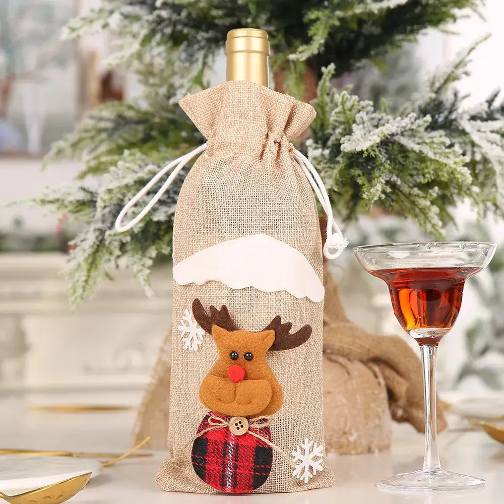 Festive Wine Bottle Covers Featuring Deer and Snowman Designs