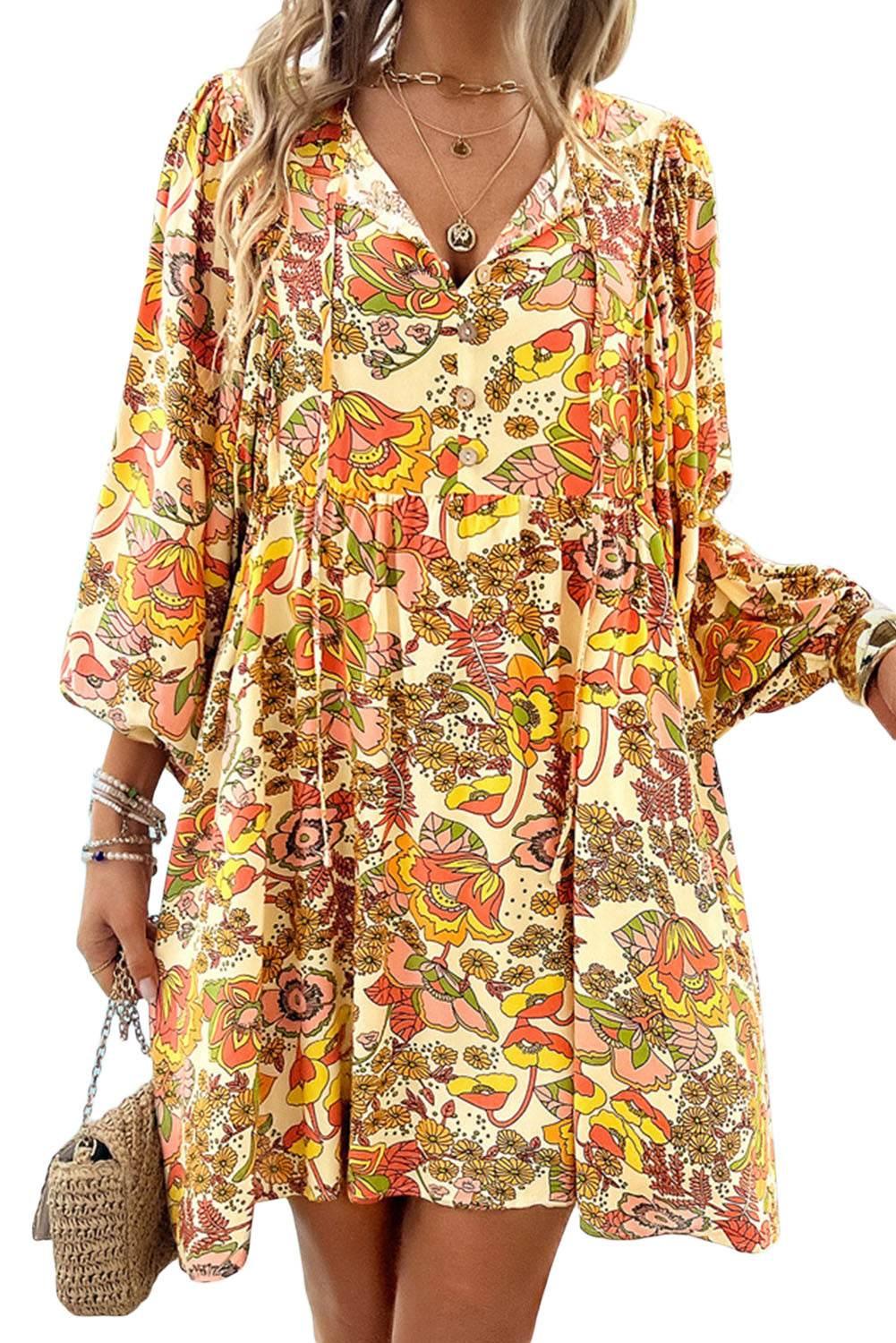 Yellow Cream Floral Print Tie V Neck Long Sleeve Mini Dress