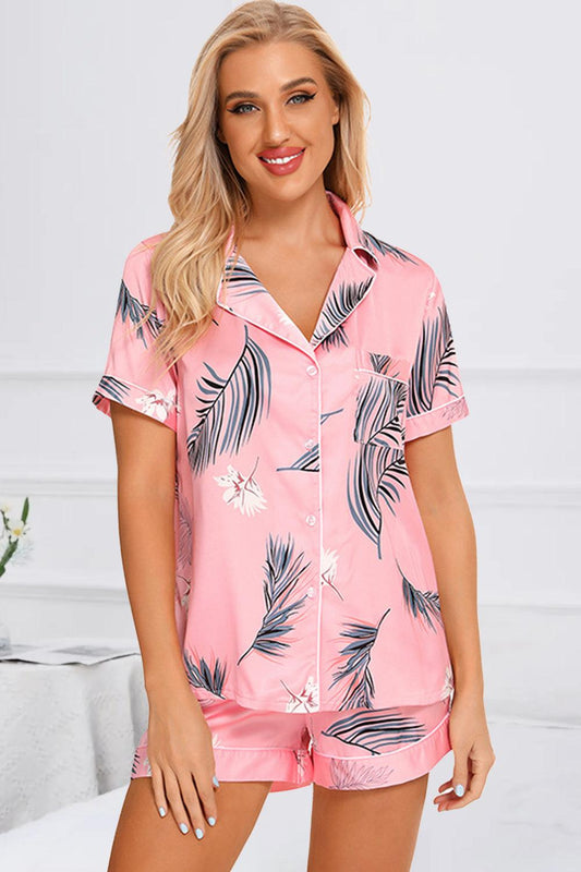 Printed Button Up Short Sleeve Top and Shorts Lounge Set - CM