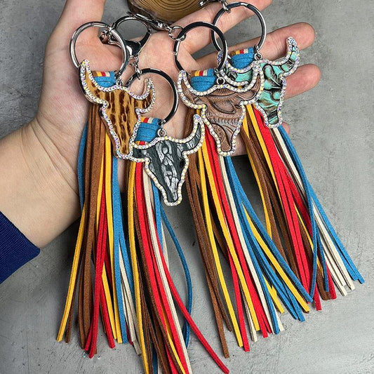 Rhinestone Bull Keychain with Tassel - CM