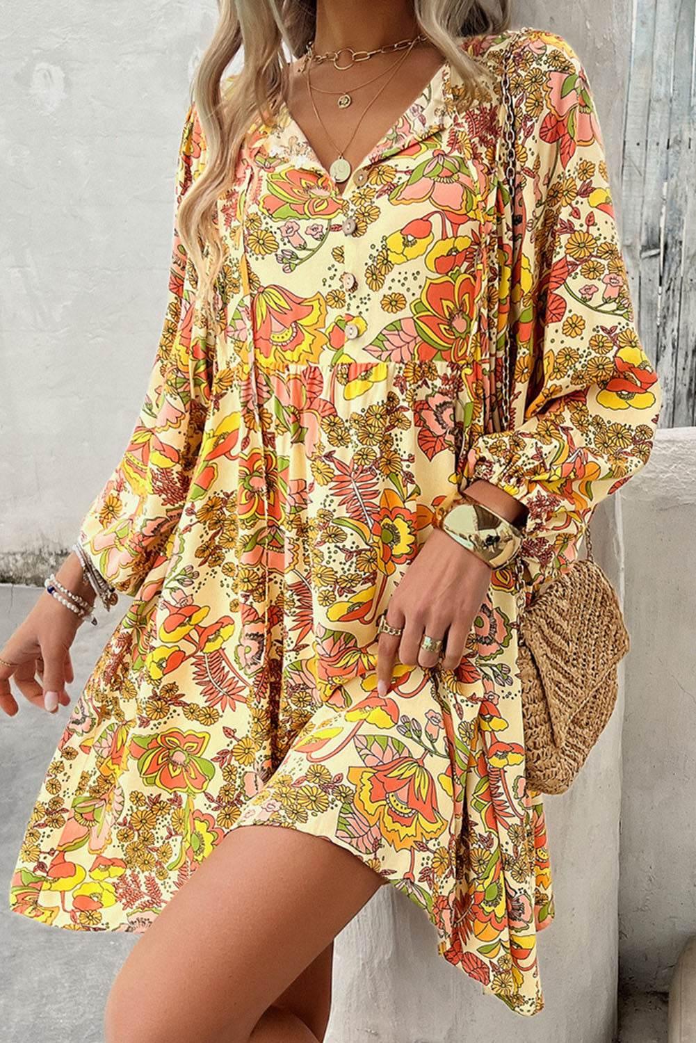 Yellow Cream Floral Print Tie V Neck Long Sleeve Mini Dress