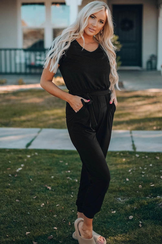 Belted V-Neck Jogger Jumpsuit - CM