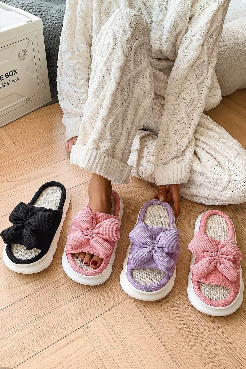 Bow Waffle-Knit Platform Slippers