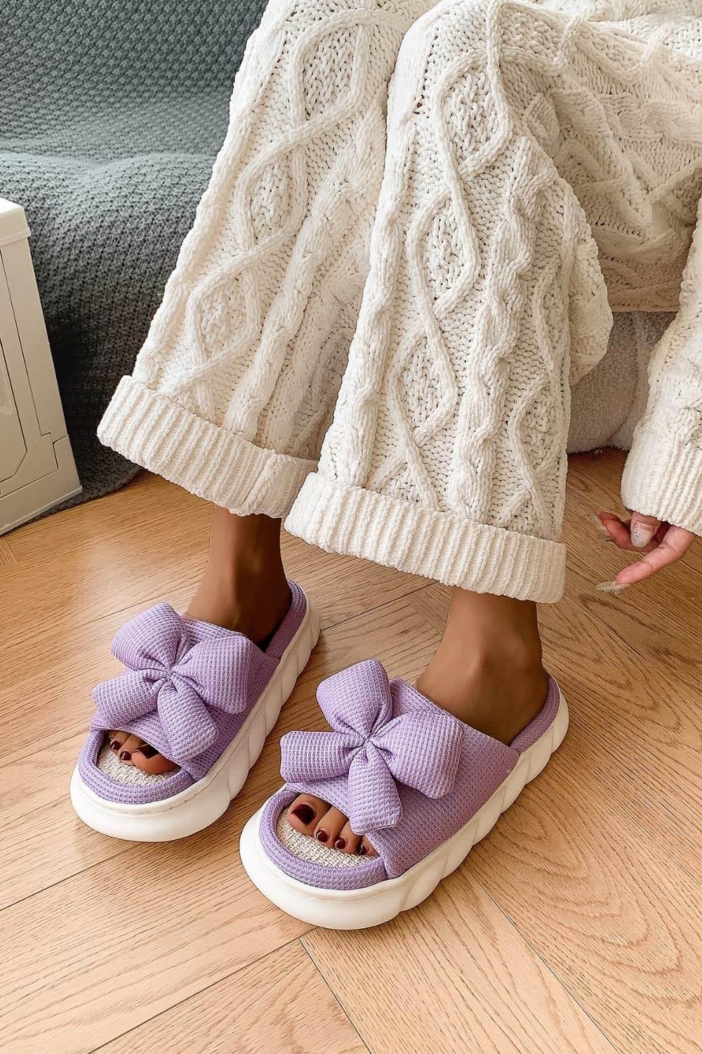 Bow Waffle-Knit Platform Slippers