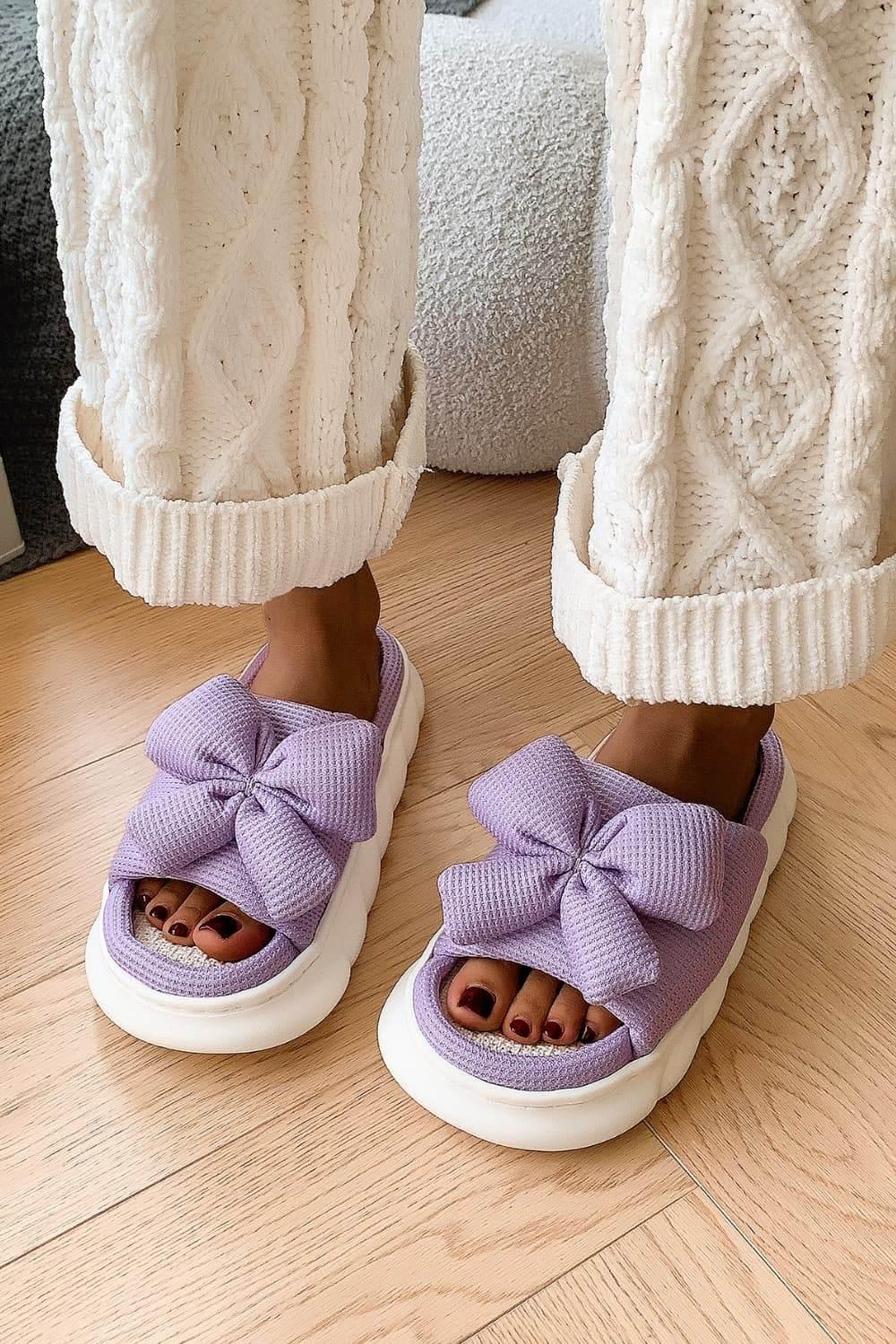 Bow Waffle-Knit Platform Slippers