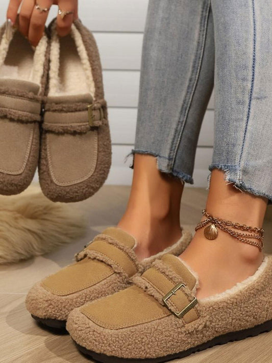 Fuzzy Buckle Flat Slip-Ons - CM