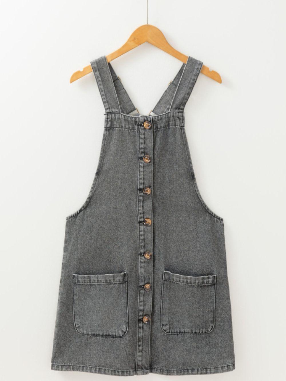 Wide Strap Button Down Denim Overall Dress