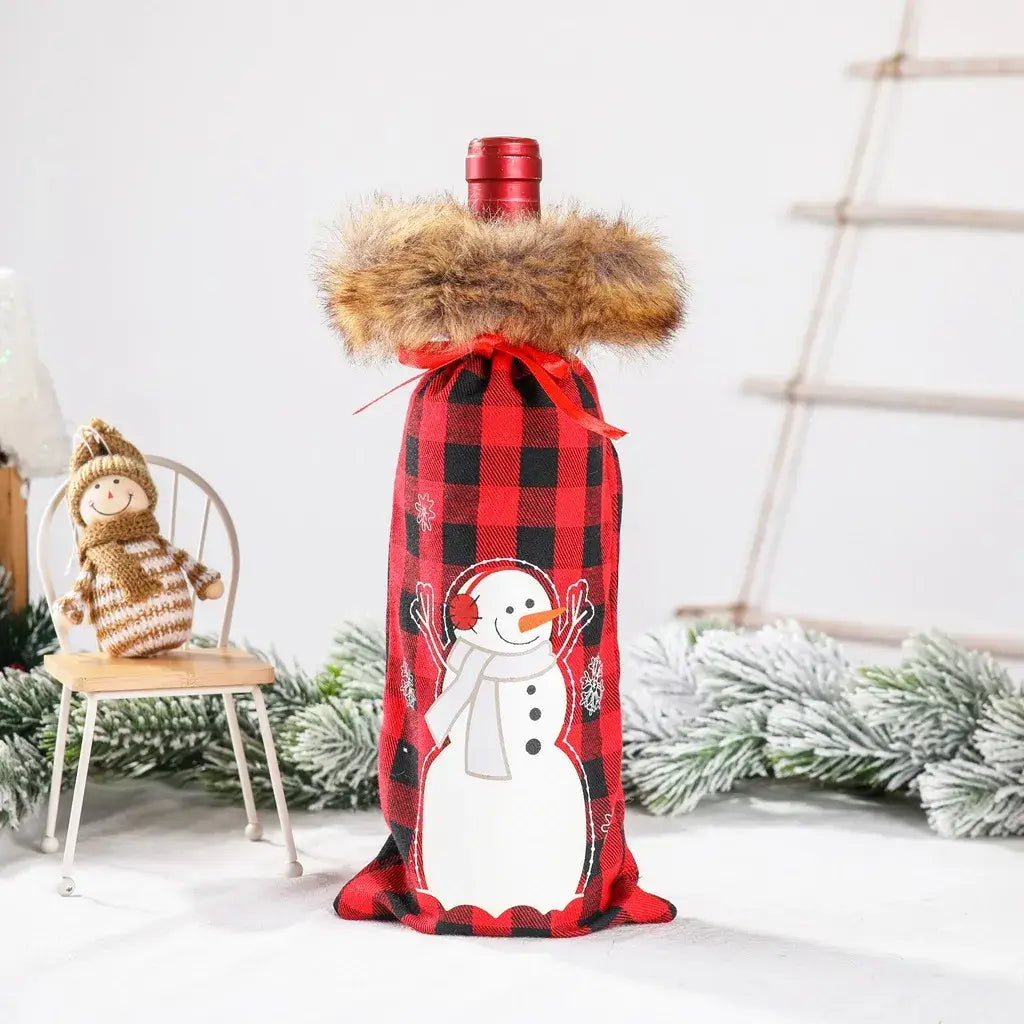 Festive Wine Bottle Covers Featuring Deer and Snowman Designs