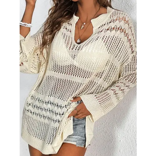 Alluring Notched Long Sleeve Cover-Up