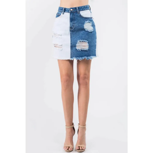 American Bazi Contrast Patched Frayed Denim Distressed Skirts - CM Fashion