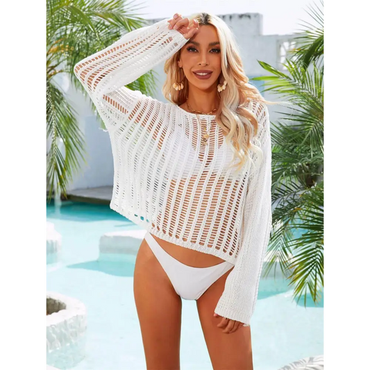 Angel Wings Long Sleeve Round Neck Openwork Cover-Up - White / S - CynthiaMonica CM