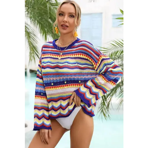 Angel Wings Multicolored Stripe Round Neck Sweater Cover-Up