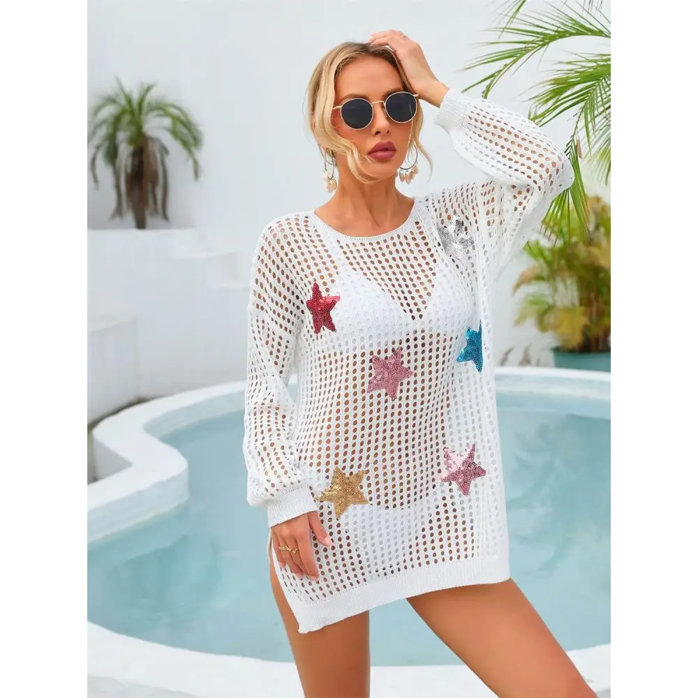 Angel Wings Sequin Star Round Neck Long Sleeve Cover Up