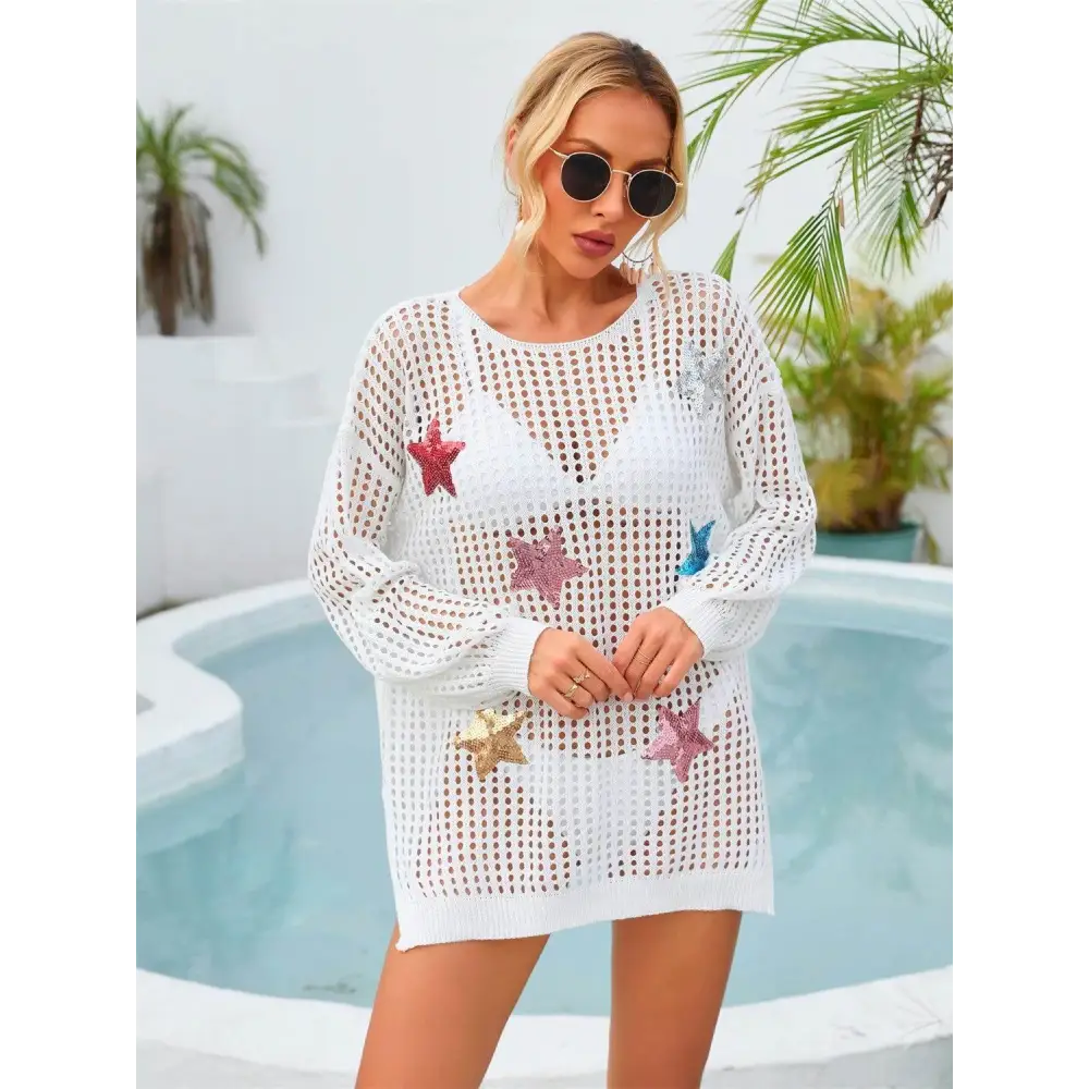 Angel Wings Sequin Star Round Neck Long Sleeve Cover Up