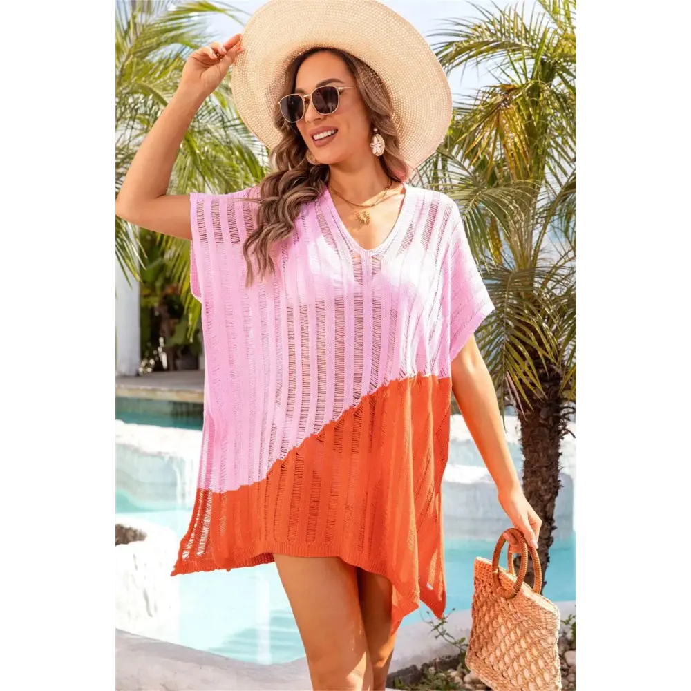 Angel Wings Slit Color Block V-Neck Cover Up