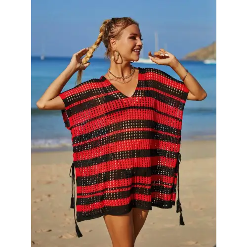 Angel Wings Tassel Openwork Striped Beach Cover Up