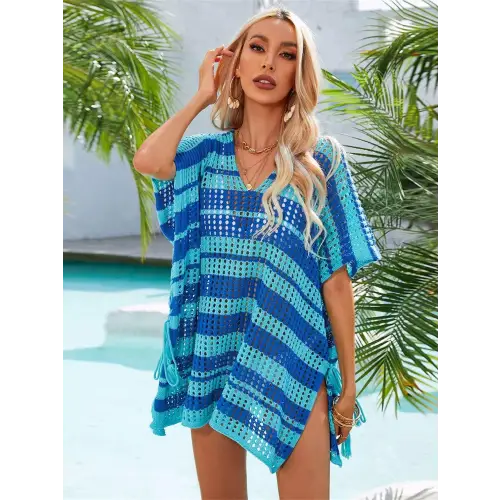 Angel Wings Tassel Openwork Striped Beach Cover Up