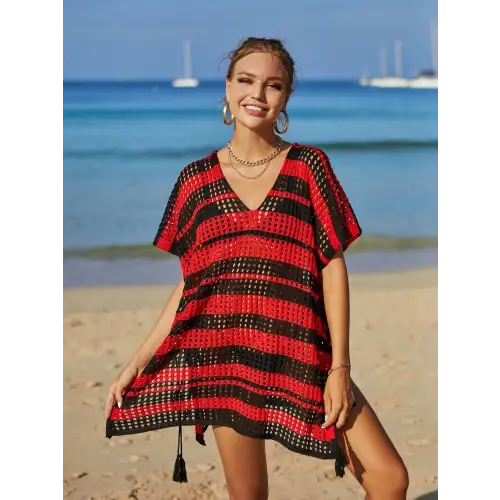 Angel Wings Tassel Openwork Striped Beach Cover Up