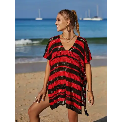 Angel Wings Tassel Openwork Striped Beach Cover Up