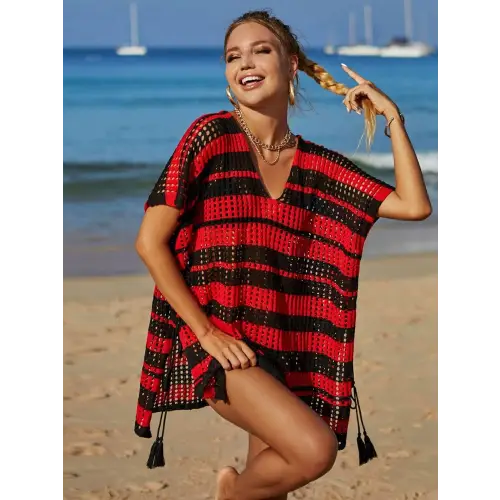 Angel Wings Tassel Openwork Striped Beach Cover Up