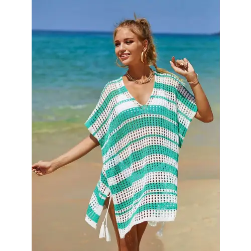 Angel Wings Tassel Openwork Striped Beach Cover Up