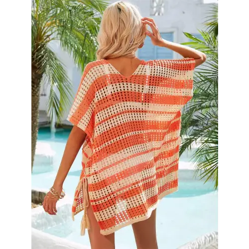 Angel Wings Tassel Openwork Striped Beach Cover Up