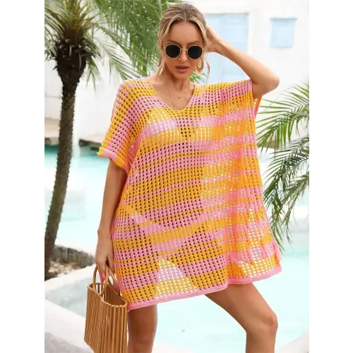 Angel Wings Tassel Openwork Striped Beach Cover Up