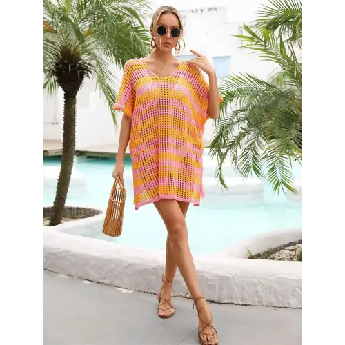 Angel Wings Tassel Openwork Striped Beach Cover Up