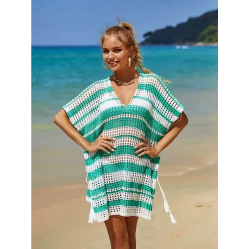 Angel Wings Tassel Openwork Striped Beach Cover Up