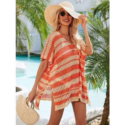 Angel Wings Tassel Openwork Striped Beach Cover Up