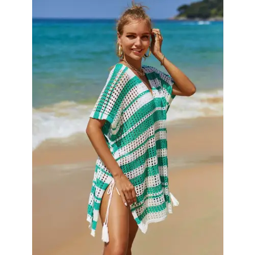 Angel Wings Tassel Openwork Striped Beach Cover Up