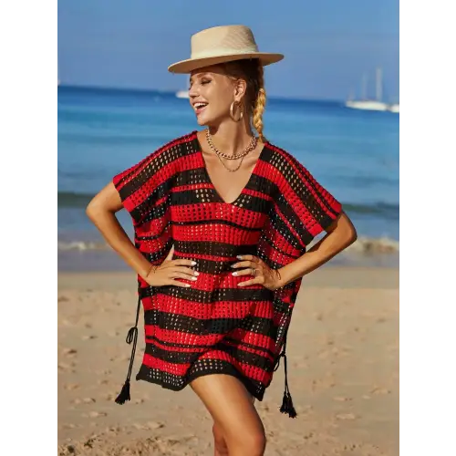 Angel Wings Tassel Openwork Striped Beach Cover Up