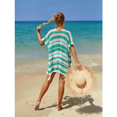 Angel Wings Tassel Openwork Striped Beach Cover Up